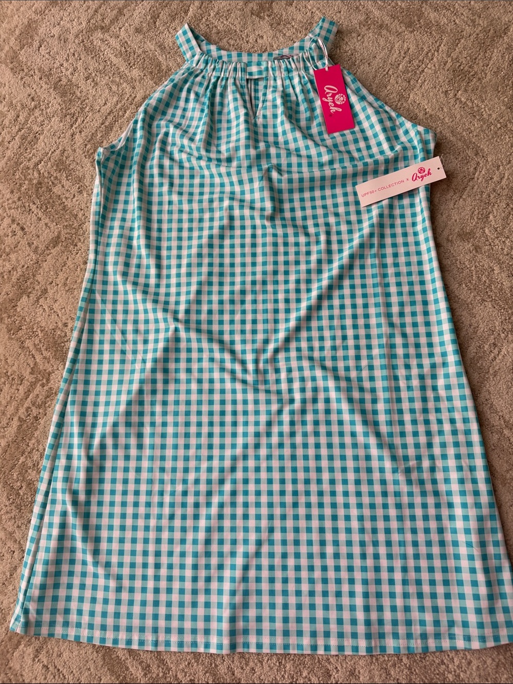 Aryeh Teal and White Gingham Sundress with Pink Tag